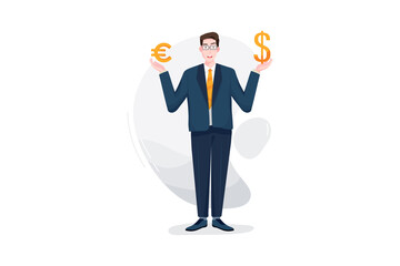 Businessman standing with two currency symbols in his hand