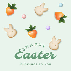 Happy Easter square card, poster, banner or frame background template with Easter letterings, bunny crackers, heart carrot, candy in pastel colours. Shopping promotion or invitation for Easter event.