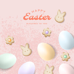 Happy Easter square card, poster, banner or frame background template with Easter eggs in pastel colours, bunny and flower crackers. Shopping promotion or invitation  template for Easter event.