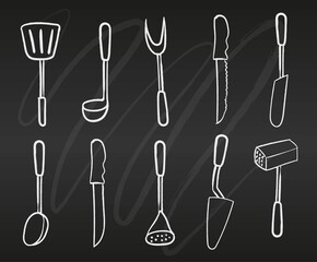 Hand drawn ladle and spatula, kitchen set in one stroke style on chalkboard, simple vector illustration