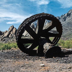 Historic mining tools. Wooden wheels. Organ Pipe Mountains Chihuahuan Desert New Mexico