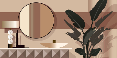 Abstract modern Interior with Round Looking Glass Bathroom Mirror and Banana Tree Plant. Landing page mockup design, advertising banner or brochure. Contemporary architectural vector illustration.