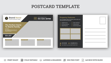 Real Estate Postcard Vector Template , Modern & Elegant Postcard Template For Home Sale.