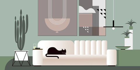 Abstract modern studio interior in shades of green color. Black cat on white  sofa. Landing page mockup design, advertising banner or brochure. Contemporary architectural vector illustration.