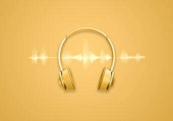 Golden headphones or headset and sound waveform on golden background