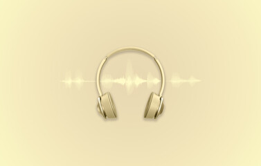 Golden headphones on bright background with waveform