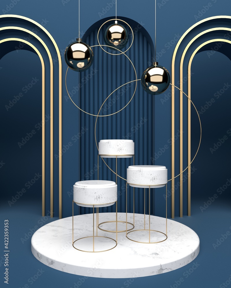 Poster geometric and circular platform marble surfaces and the oval ball gold surface. put on a blue backgr