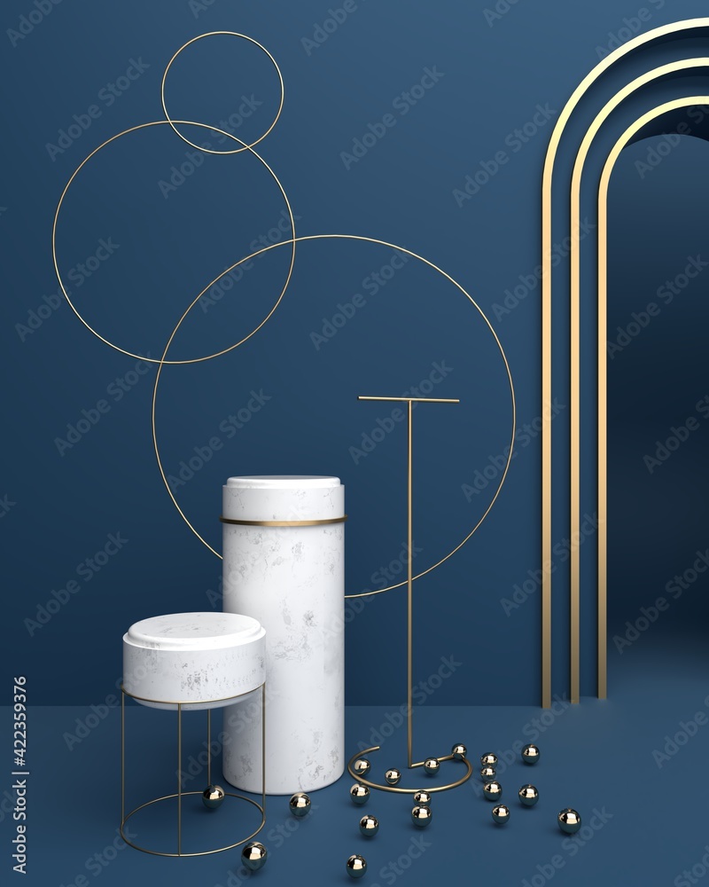 Poster geometric and circular platform marble surfaces and the oval ball gold surface. put on a blue backgr
