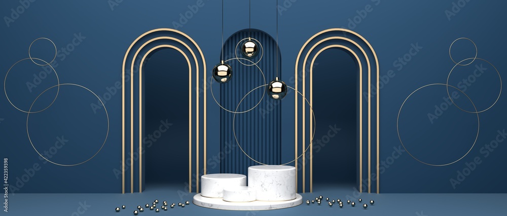 Poster geometric and circular platform marble surfaces and the oval ball gold surface. put on a blue backgr