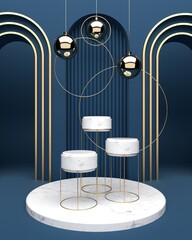 Geometric and circular platform marble surfaces and the oval ball gold surface. Put on a blue background. Decorative blue backdrop. Minimalist mockup for podium display or showcase, 3d rendering.