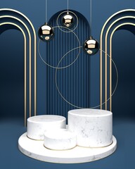 Geometric and circular platform marble surfaces and the oval ball gold surface. Put on a blue...