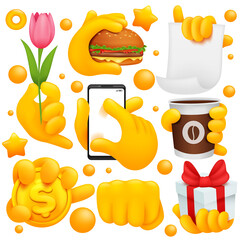 Set of yellow emoji hand icons and symbols. Flower, fist, coffee, golden coin, gift box signs