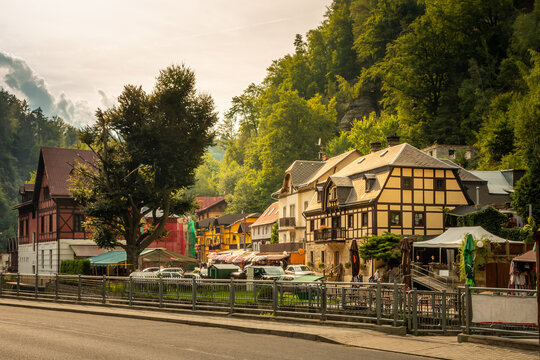 old buildings at the foot of the mountain in the small Czech village of Hrensko 