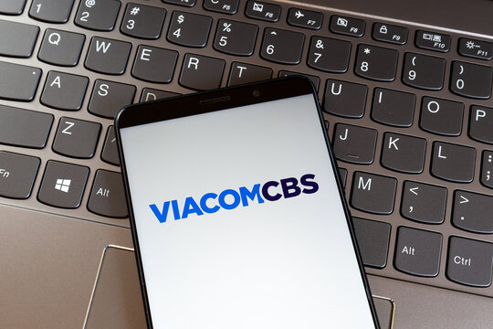 Toronto, On, Canada - March 18, 2021: ViacomCBS
 logo on smartphone screen on keyboard. ViacomCBS Inc. is an American diversified multinational mass media conglomerate. 
