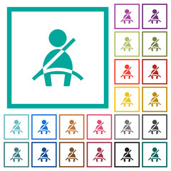 Car seat belt warning indicator flat color icons with quadrant frames