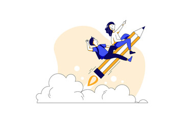 Students Sitting On Pencil Rocket Vector Illustration concept. 