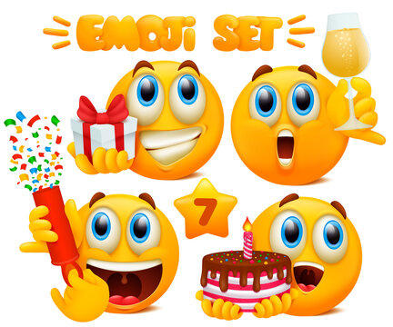 Set of yellow emoji cartoon characters with different facial expressions in glossy 3D realistic style isolated in white background. Birthday party concept