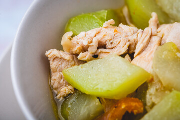 Ginisang Sayote- Sauteed Chayote with Chicken and Rice- a simple but healthy Filipino meal set (close up)