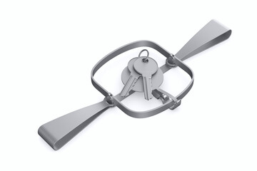 bear trap and two key on white background. Isolated 3D illustration