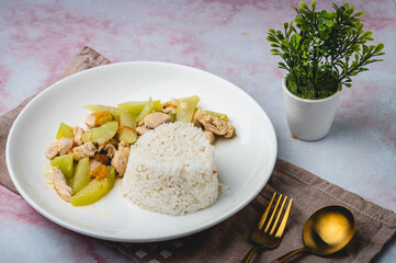 Ginisang Sayote- Sauteed Chayote with Chicken and Rice- a simple but healthy Filipino meal set (profile)