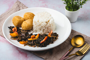 Ensaladang Talbos ng Kamote - Sweet Potato Leaves Salad  with Rice and Buchi on the side (profile)