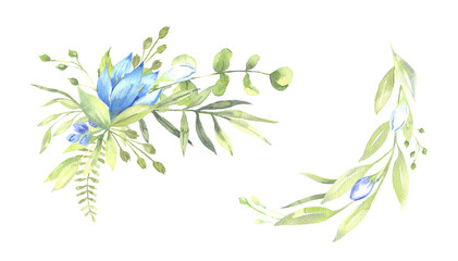 Watercolor floral illustration - leaves and branches bouquet with blue flowers and leaves for wedding stationary, greetings, wallpapers, background. Roses, green leaves. . High quality illustration