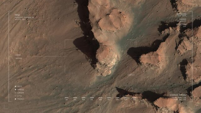 MRO mapping flyover of rock formations in Rabe Crater, Mars. Scientifically accurate HUD. Elements of this image furnished by NASA/JPL/University of Arizona