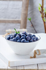 Fresh pickly blueberries for breakfast in ceramic bowl on a white wooden tray..