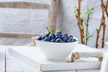 Fresh pickly blueberries for breakfast in ceramic bowl on a white wooden tray..