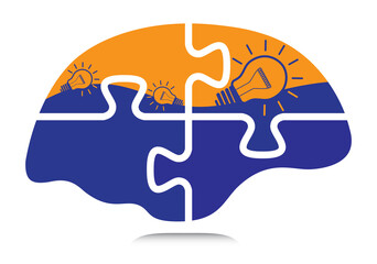 Brain with puzzle pieces and lightbulbs with liquid, creative business concept illustration. Isolated vector design to use in business, brainstorm, innovation, thinking, education concept projects.