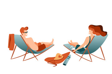 A married couple is resting on sun loungers on a white background. The woman is drinking a cocktail, the man is wearing sunglasses. People in swimsuits are tanning, isolated image. 
