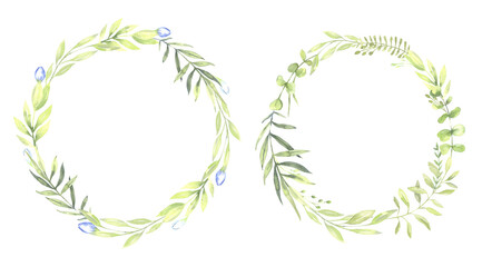 Watercolor floral illustration - leaves and branches frame with flowers and leaves for wedding stationary, greetings, wallpapers, background. Roses, green leaves. . High quality illustration