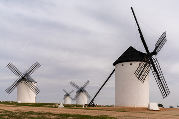 Fototapeta na wymiar the historic white windmills of La Mancha above the town of Campo de Criptana