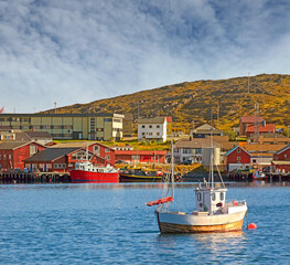Harbor in the village of Mehamn. Mehamn is a the administrative centre of Gamvik Municipality in...