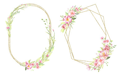 Watercolor floral illustration - leaves and branches frame with flowers and leaves for wedding stationary, greetings, wallpapers, background. Roses, green leaves. . High quality illustration