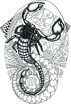scorpio tattoo design, zentangle of scorpion isolated on white. Vector illustration. Black and white