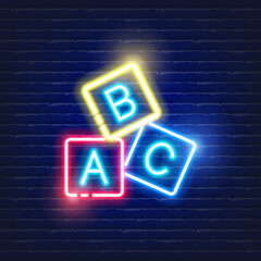Baby ABC cubes neon icon. Glowing Vector illustration of child signs for design. Children concept.