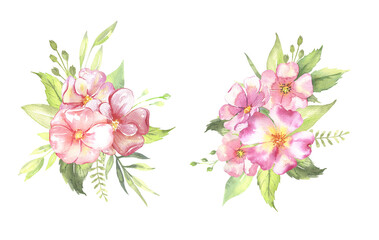 Fototapeta na wymiar Watercolor floral illustration - leaves and branches bouquets with pink flowers and leaves for wedding stationary, greetings, wallpapers, background. Roses, green leaves. . High quality illustration