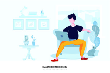 Smarthome living room controlled by man holding a smartphone
