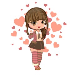 Little girl in a beautiful skirt. Nice, funny flirt. Handsome fashionable child. The isolated object on a white background. Vector illustration