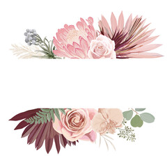 Watercolor floral wedding vector frame. Pampas grass, protea, orchid flowers, dry palm leaves border template