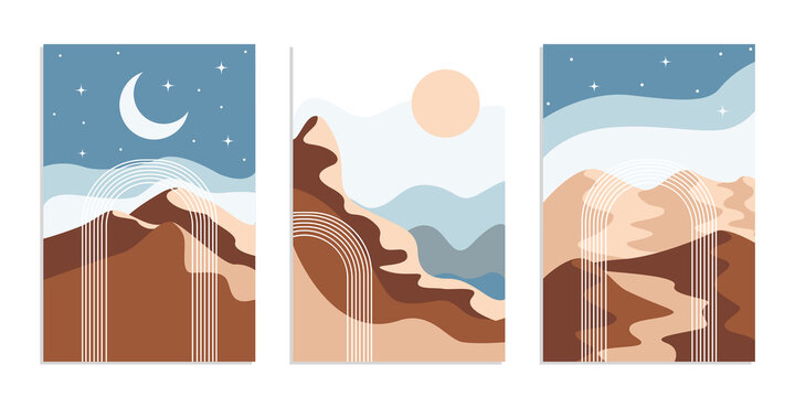 Desert abstract boho landscape with sun and moon in arch. Abstract vector contemporary aesthetic background in Earth tones. Set of posters.