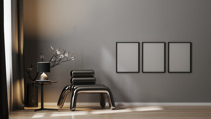 Empty poster frame on gray wall in luxury interior background in dark tones with metal armchair, frame mock up in modern interior background, 3d rendering  