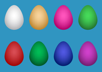 Collection of beautiful Easter chicken eggs of different colors on a blue background.Vector graphics for design and decoration.