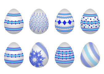 Collection of Easter chicken eggs with blue geometric pattern.Vector graphics for design and decoration isolated on white background.