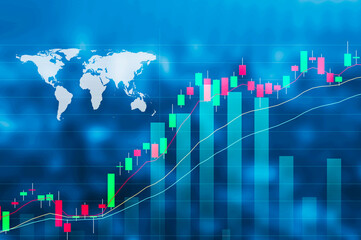 Double exposure business trading graph on city and global trend rising sign background.Element of this images furnished by NASA