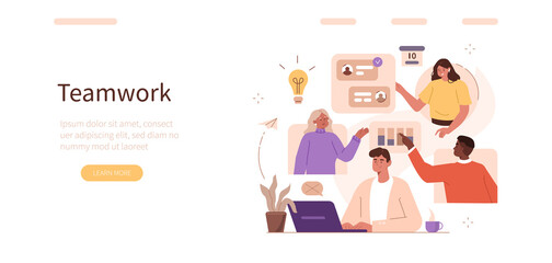 People Characters Meeting Online and Planning Project Tasks Together. Colleagues Sharing their Business Ideas. Business Teamwork Concept. Flat Cartoon Vector Illustration.