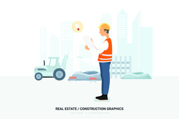 A construction worker looking at a blueprint / paper