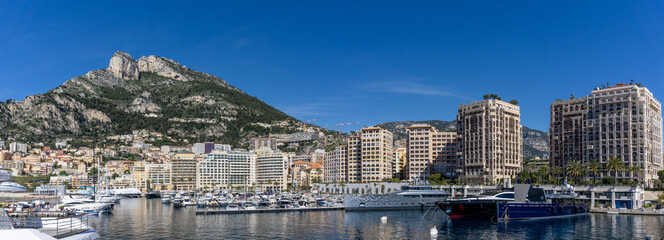panorama view of the harbor of Cape d'Ail and hotels in the Fontvielle District of Monaco