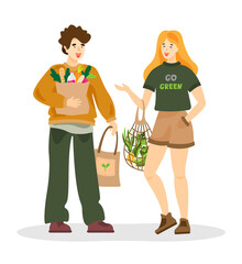 Young boy and girl chating and holding a grocery paper bag and eco bag. People with shopping bags. Zero waste, vegetarianism, ecology. No plastic bags. Eco bag with vegetables. 